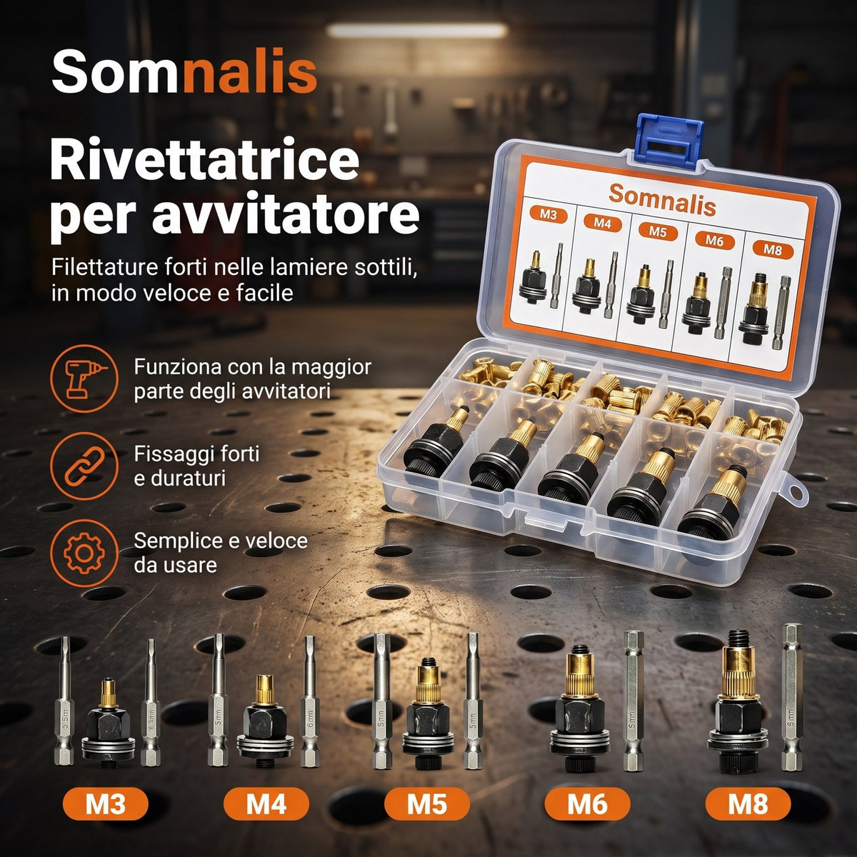 Kit rivettatrice per avvitatore Somnalis con 5 adattatori da M3 a M8 e rivetti filettati