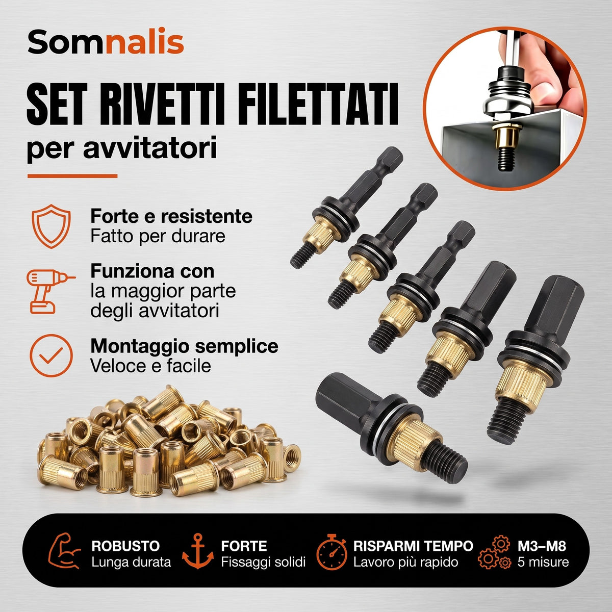 Set di rivetti filettati e adattatori neri per avvitatore