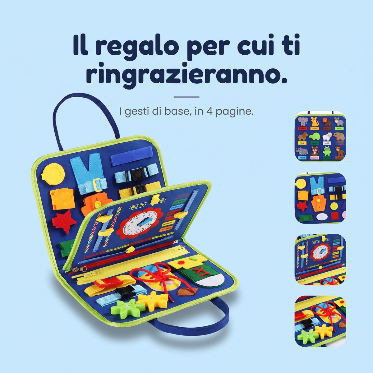 Busy board Montessori Essenziale blu a 4 pagine