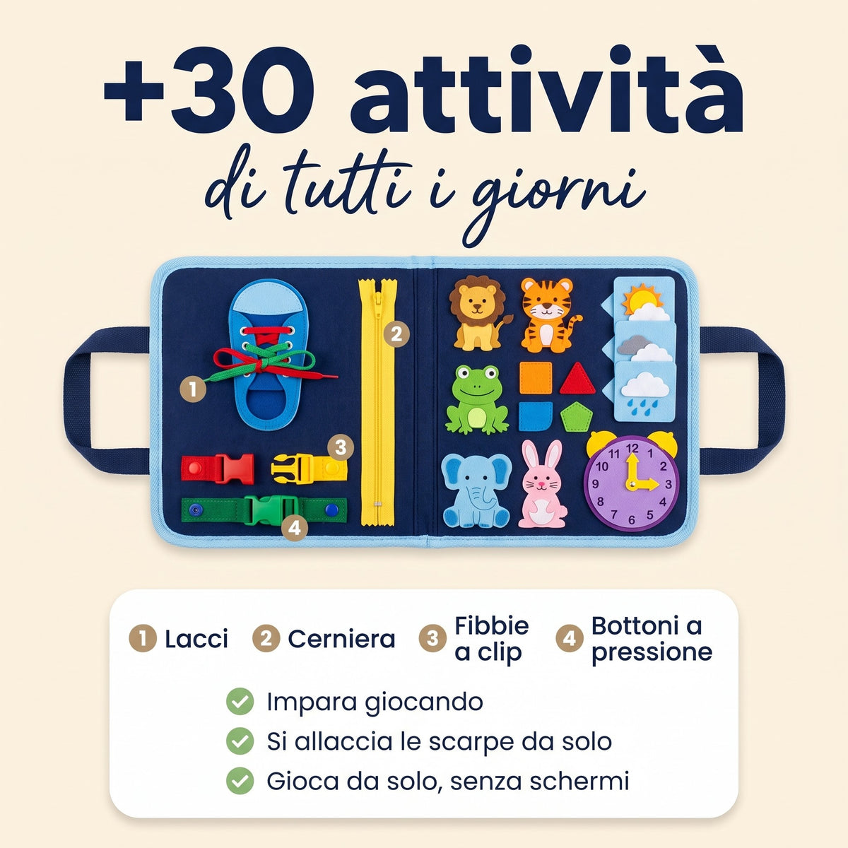 Le attività del busy board: lacci, cerniera, fibbie e bottoni