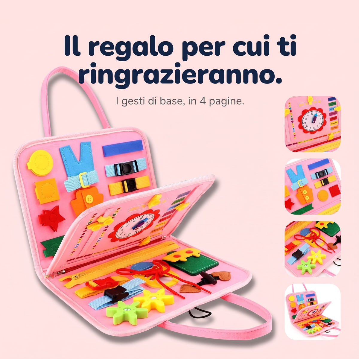Busy board Montessori Essenziale rosa a 4 pagine