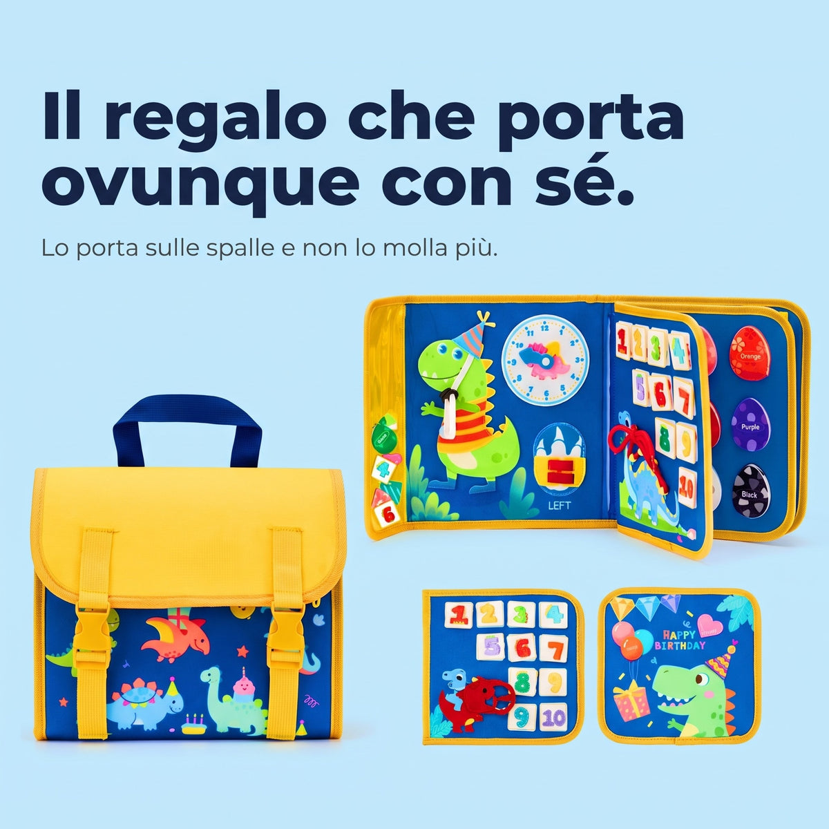 Busy board zainetto blu con dinosauri