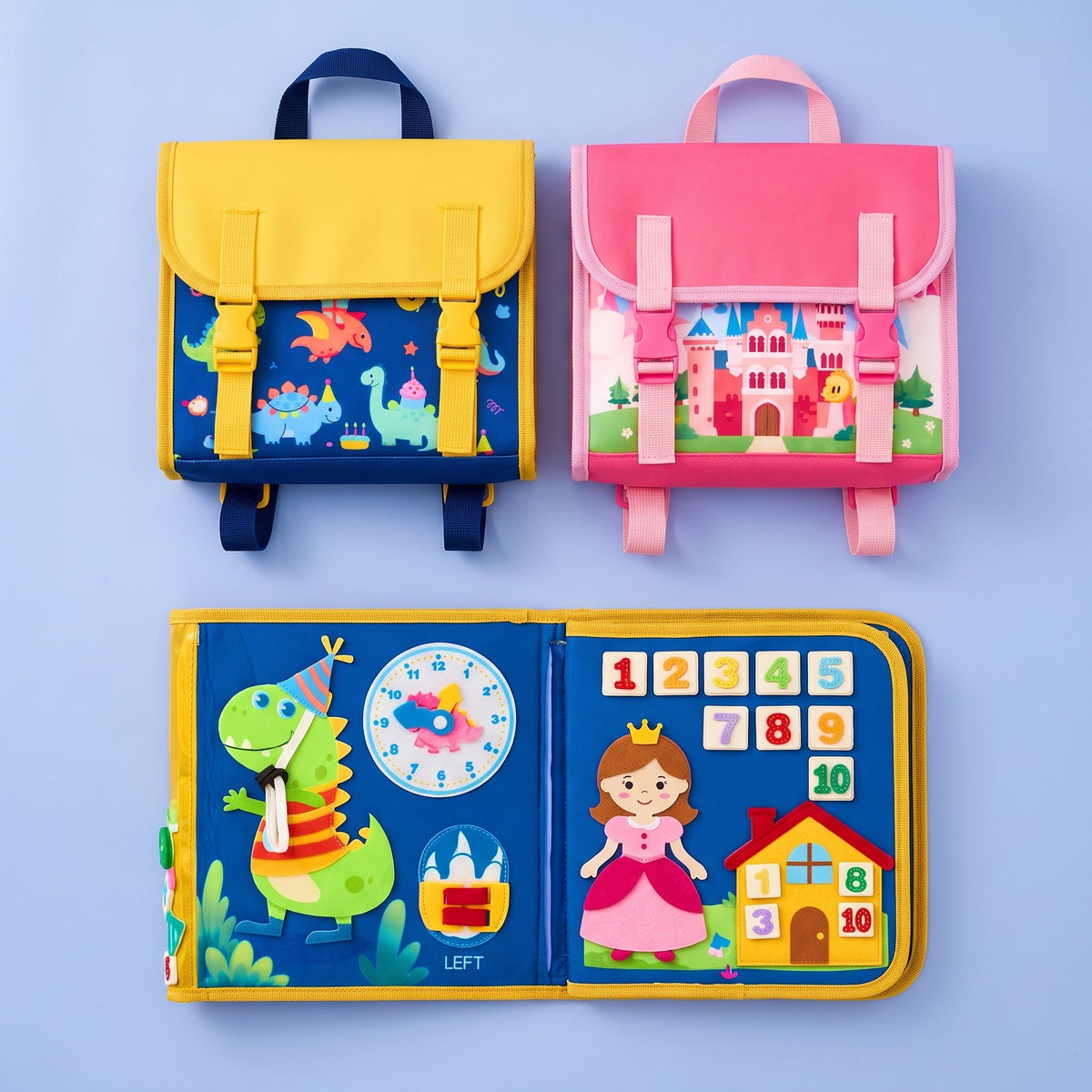 I due busy board zainetto, blu e rosa, con le pagine aperte