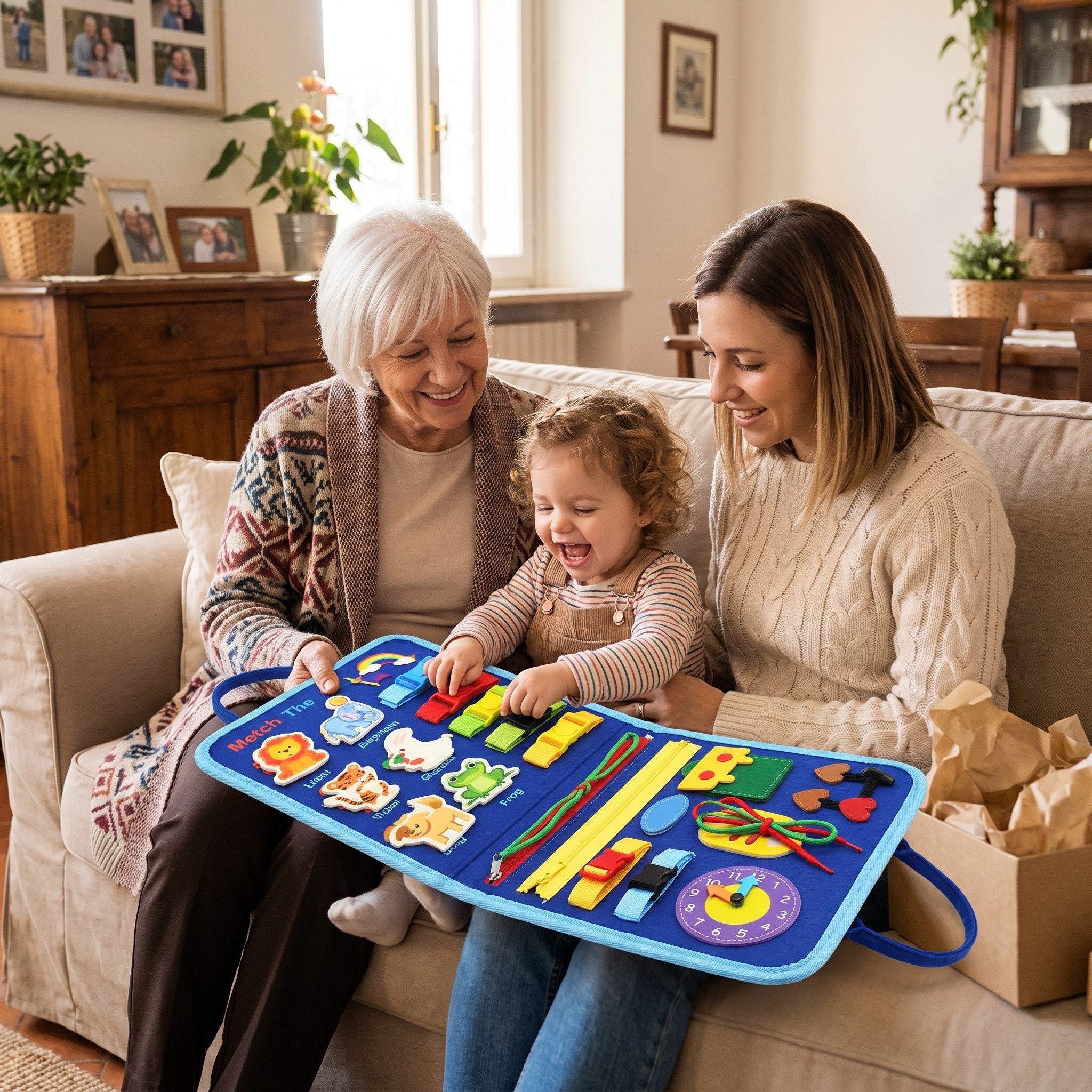 Nonna, mamma e bambina aprono il busy board Somnalis regalato