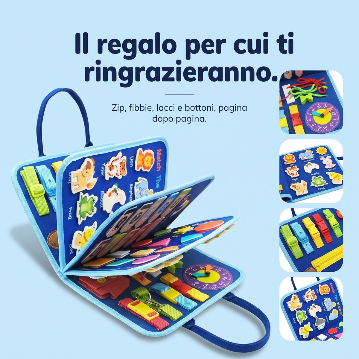 Busy board Montessori in feltro blu a 8 pagine aperto a ventaglio