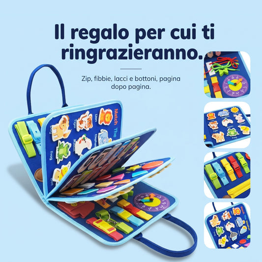 Busy board Montessori in feltro blu a 8 pagine aperto a ventaglio