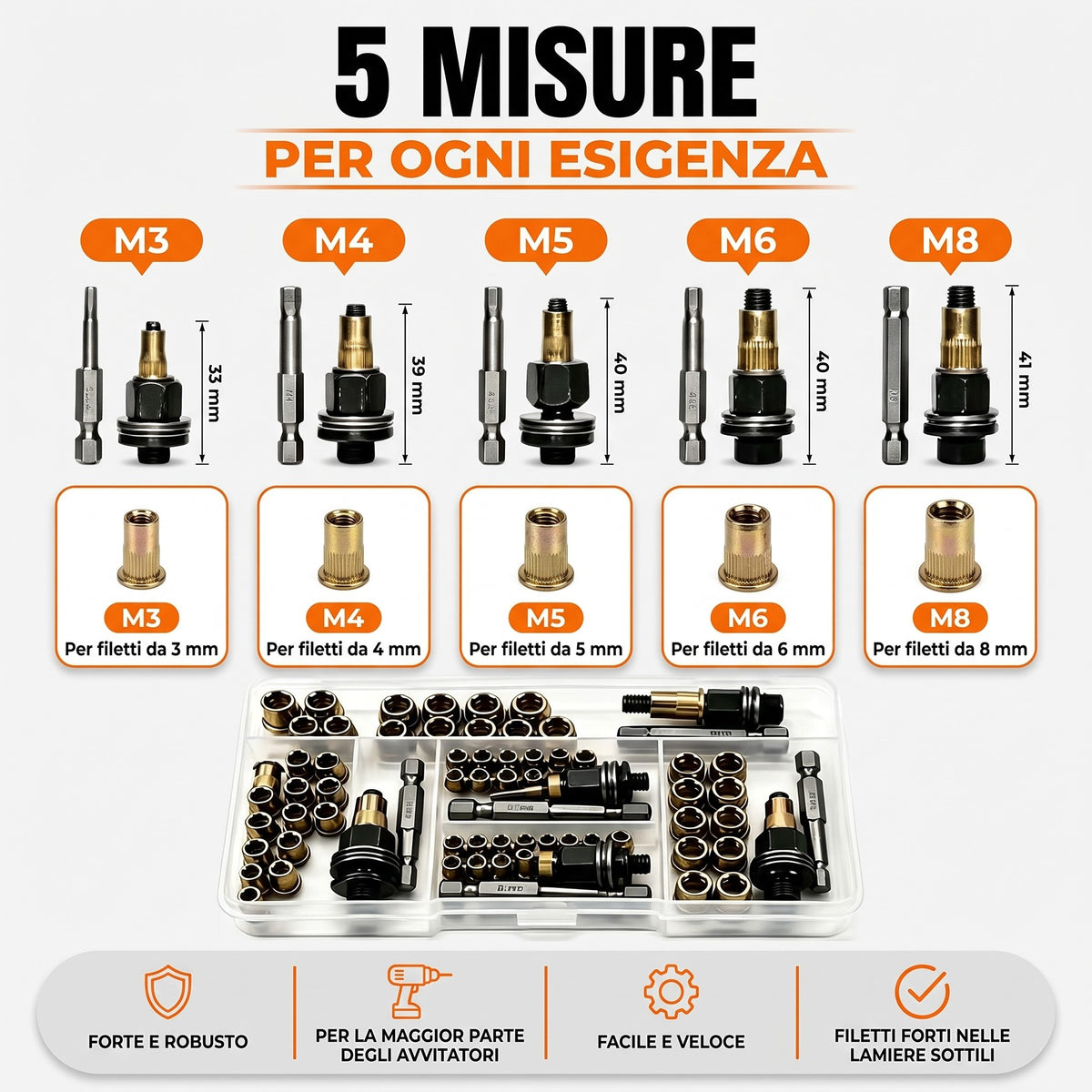 Le 5 misure del kit: adattatori e rivetti filettati M3, M4, M5, M6 e M8