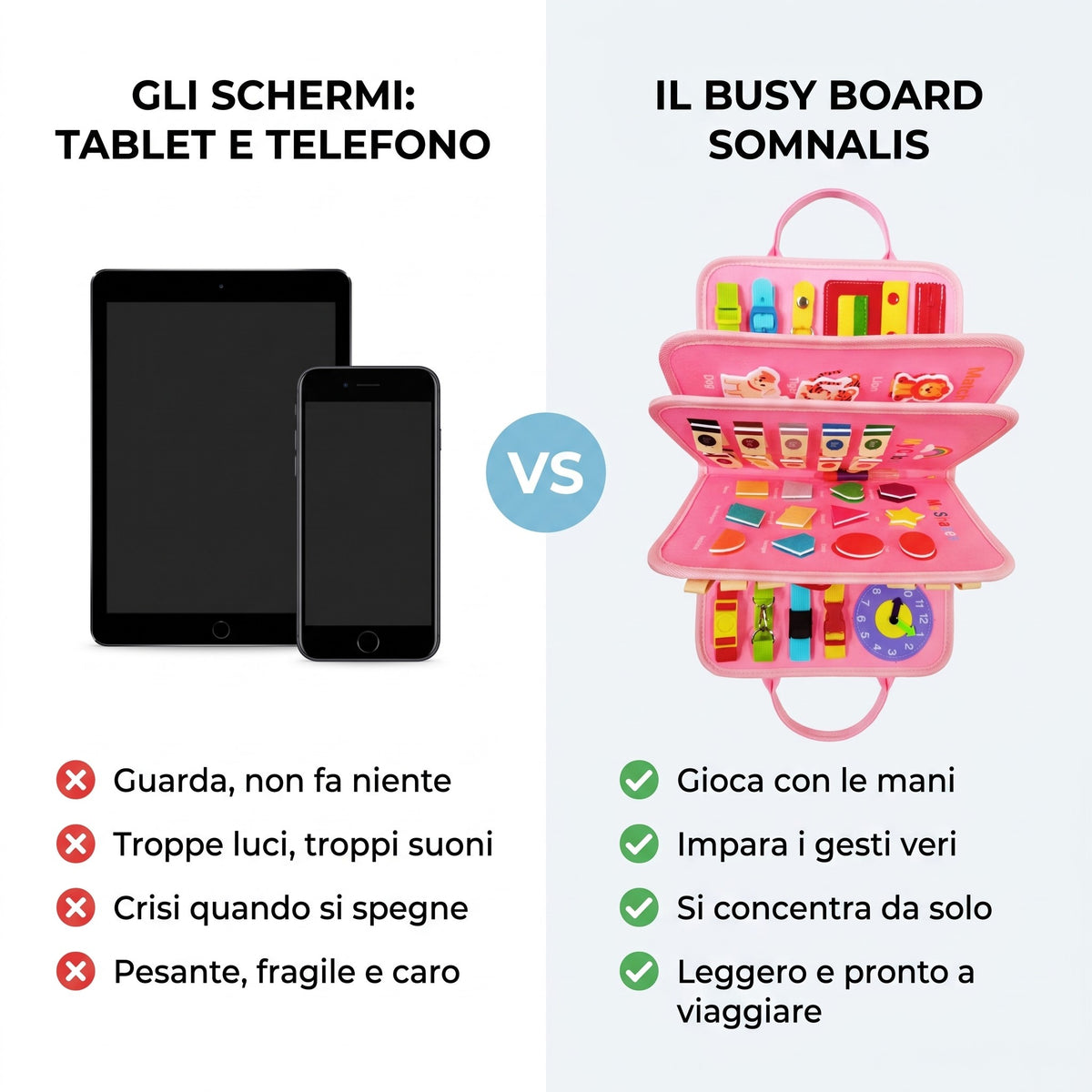 Confronto tra tablet e busy board Somnalis rosa