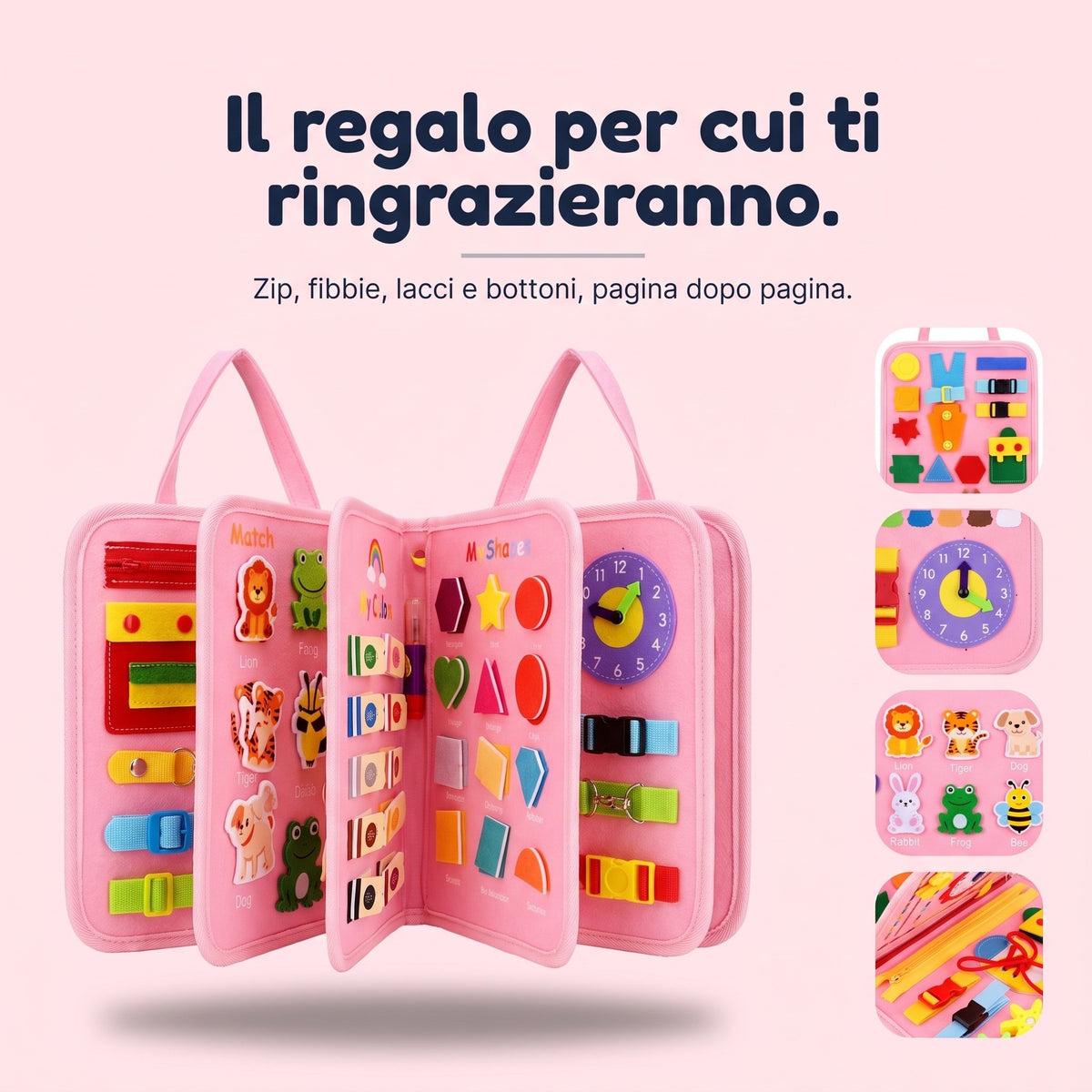 Busy board Montessori in feltro rosa a 8 pagine