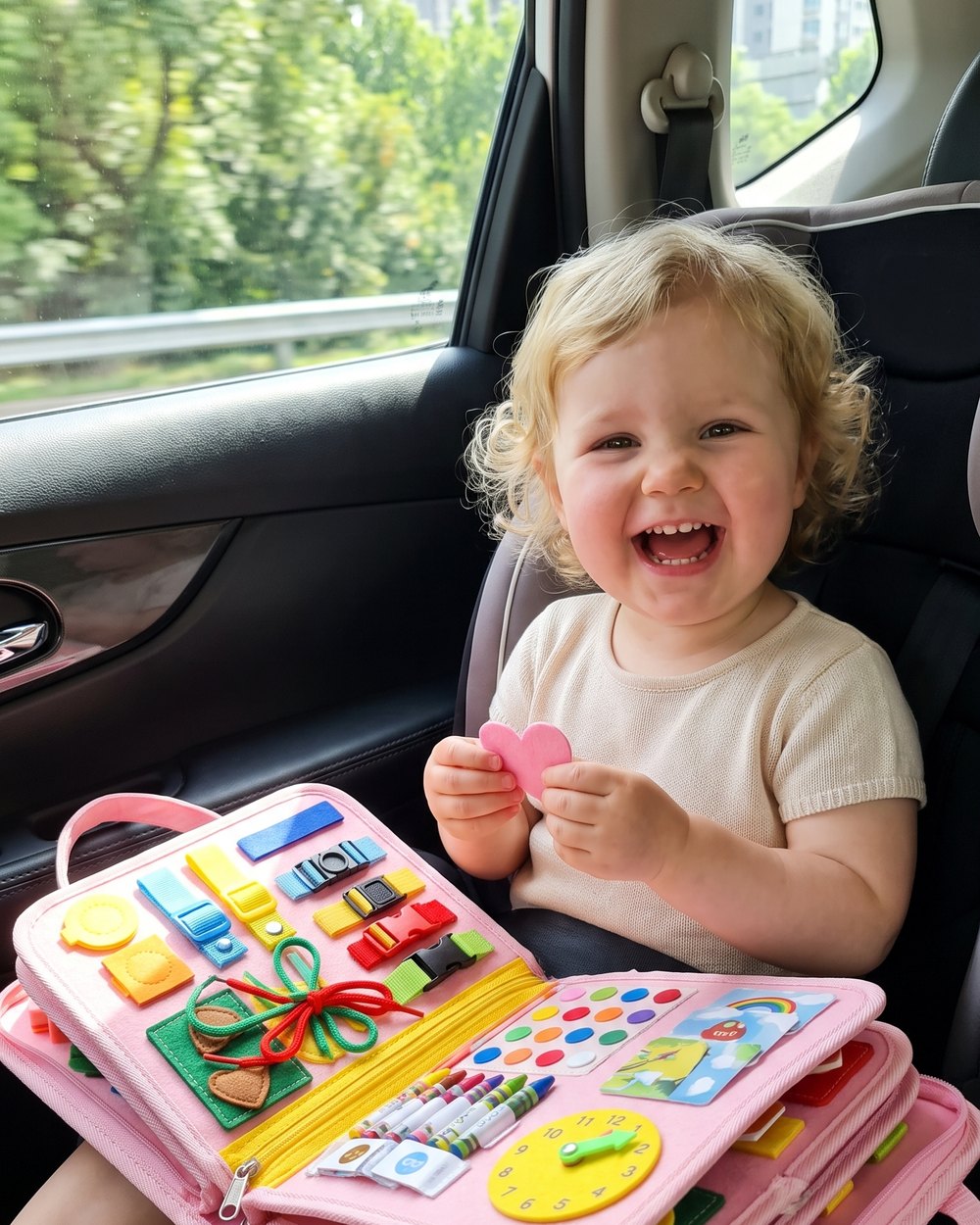 Bambina che ride in macchina con il busy board Somnalis
