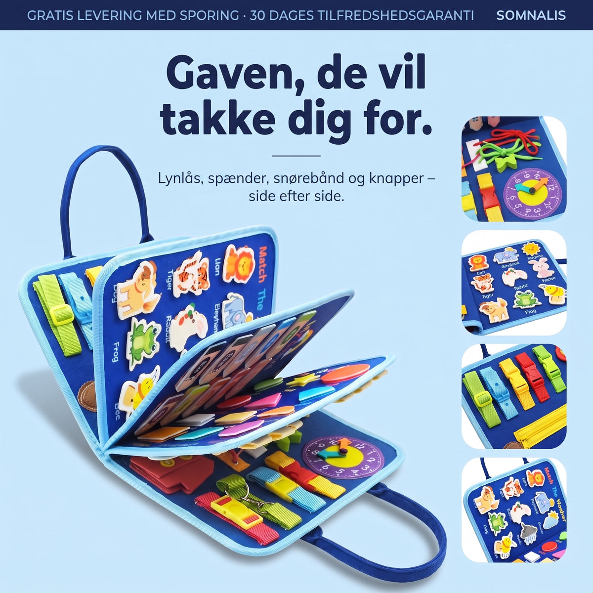 Blåt Montessori busy board i filt med 8 sider, foldet ud som en vifte
