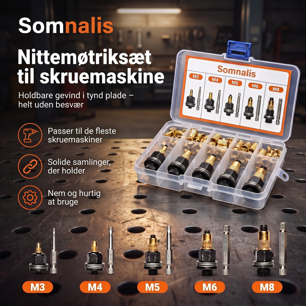 Nittemøtriksæt til skruemaskine fra Somnalis med 5 adaptere fra M3 til M8 og nittemøtrikker