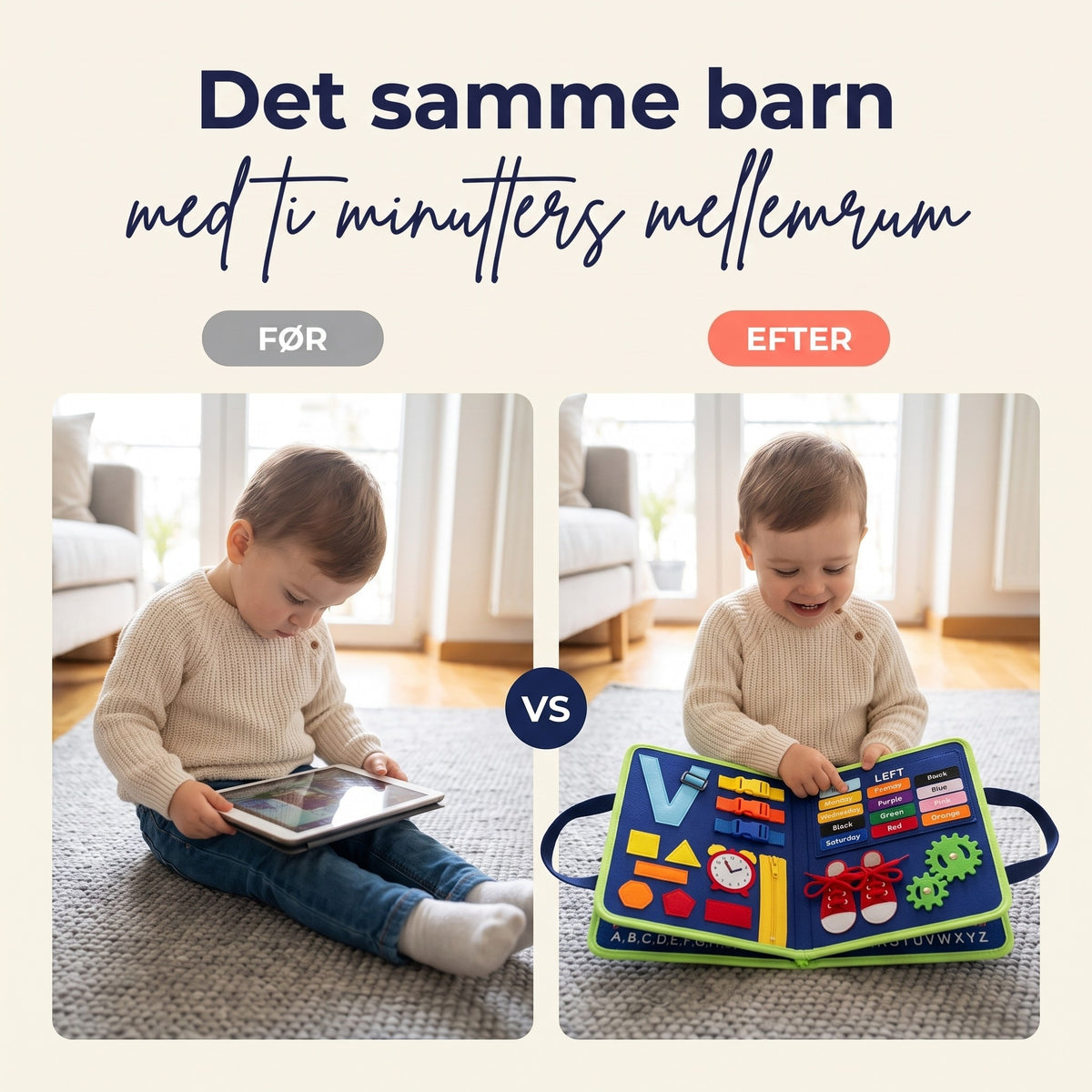 Det samme barn før med tablet og efter med busy board