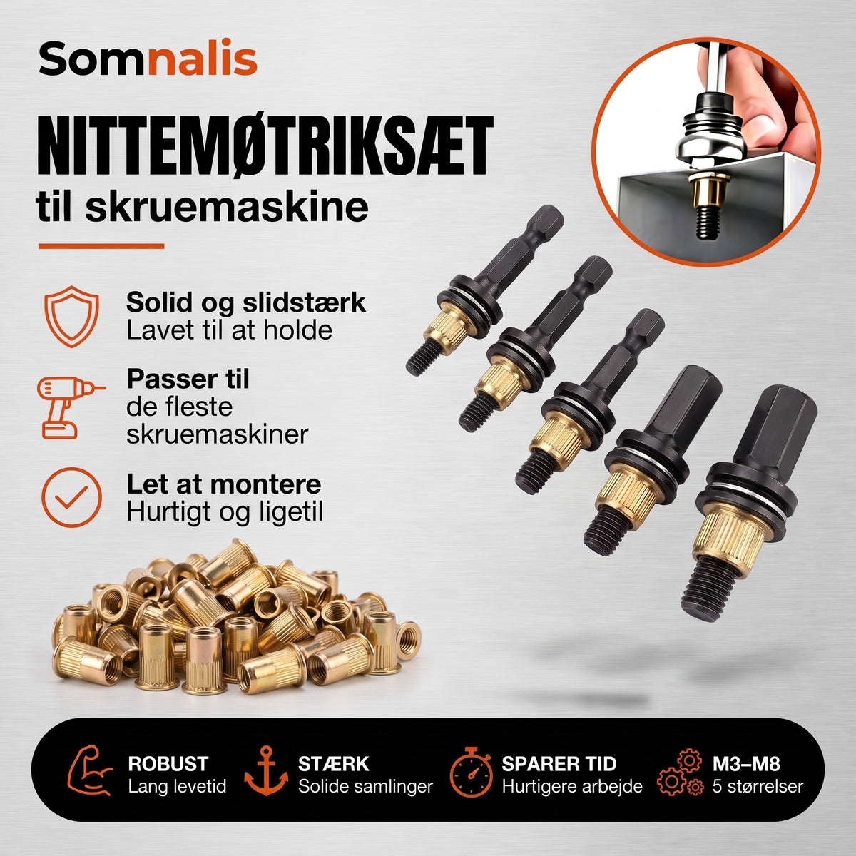 Sorte adaptere og nittemøtrikker til skruemaskine