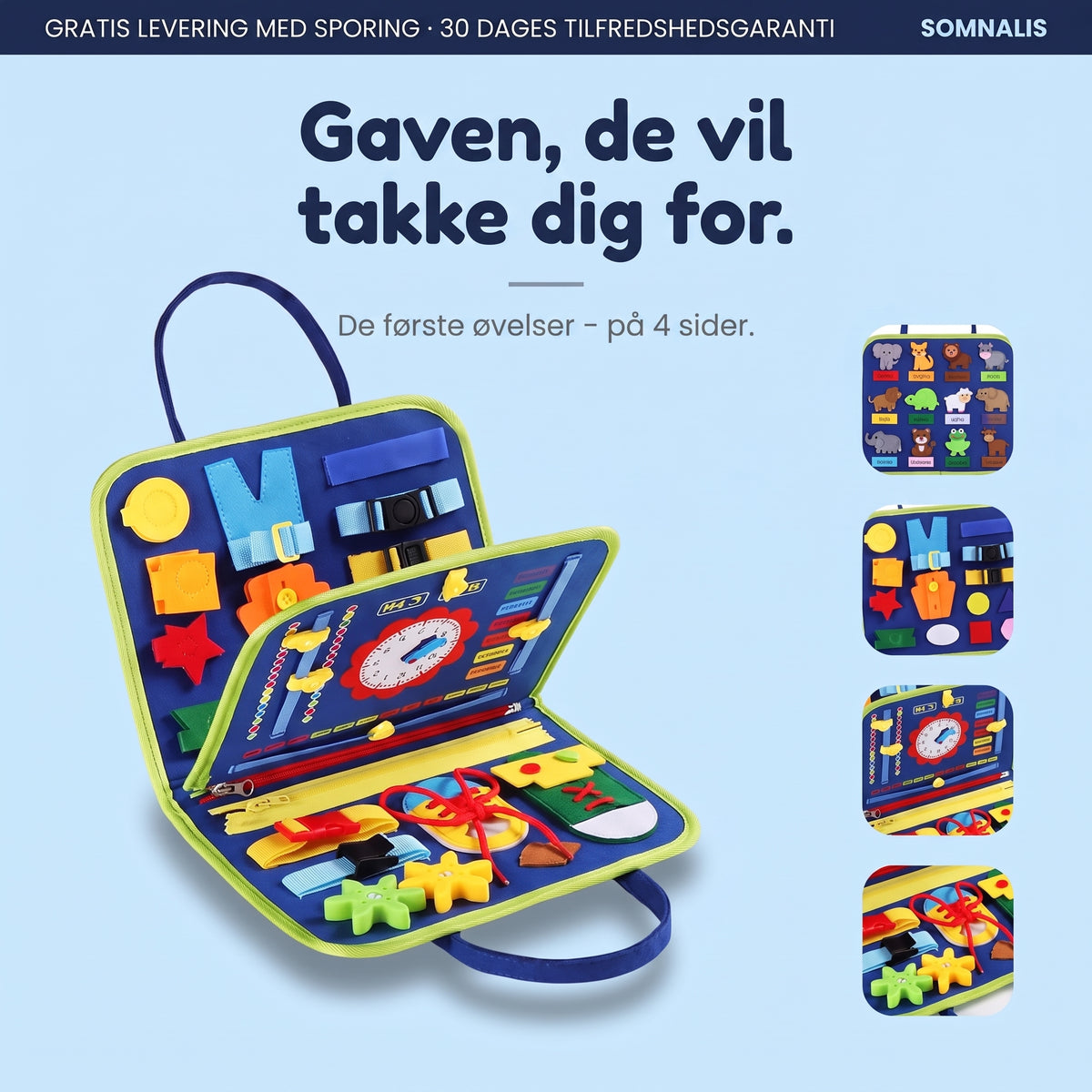 Blåt Montessori busy board Basis med 4 sider