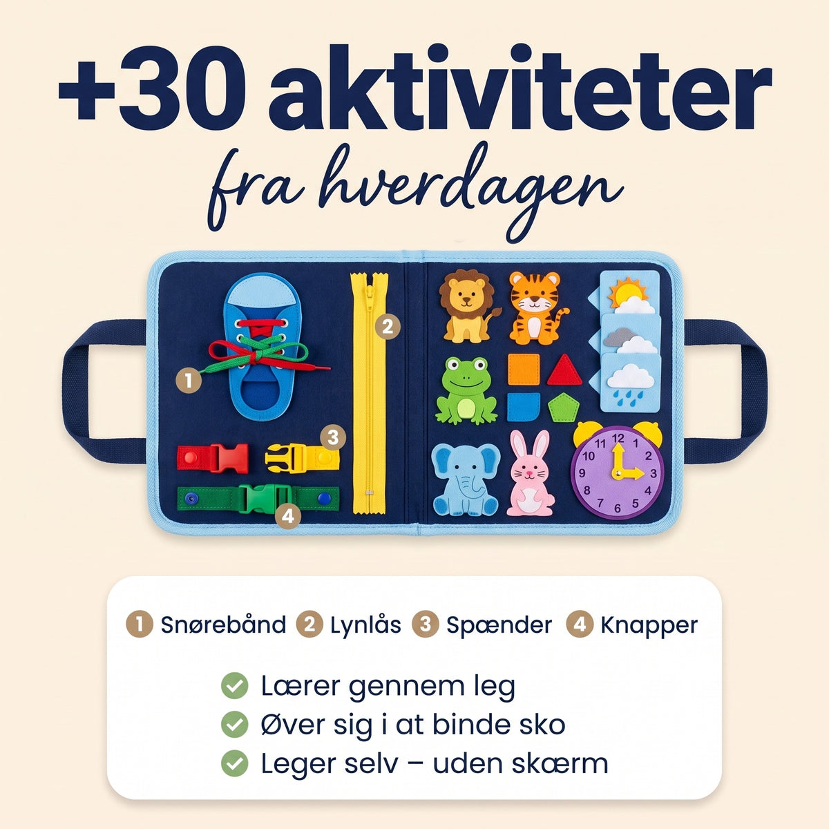 Aktiviteterne på busy boardet: snørebånd, lynlås, spænder og knapper