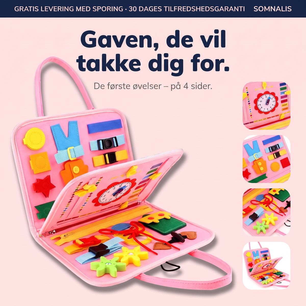 Lyserødt Montessori busy board Basis med 4 sider
