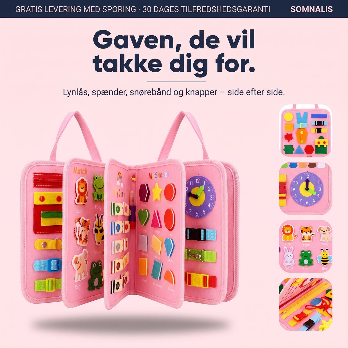 Lyserødt Montessori busy board i filt med 8 sider