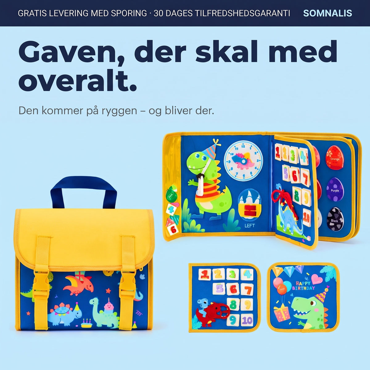 Blå busy board-rygsæk med dinosaurer